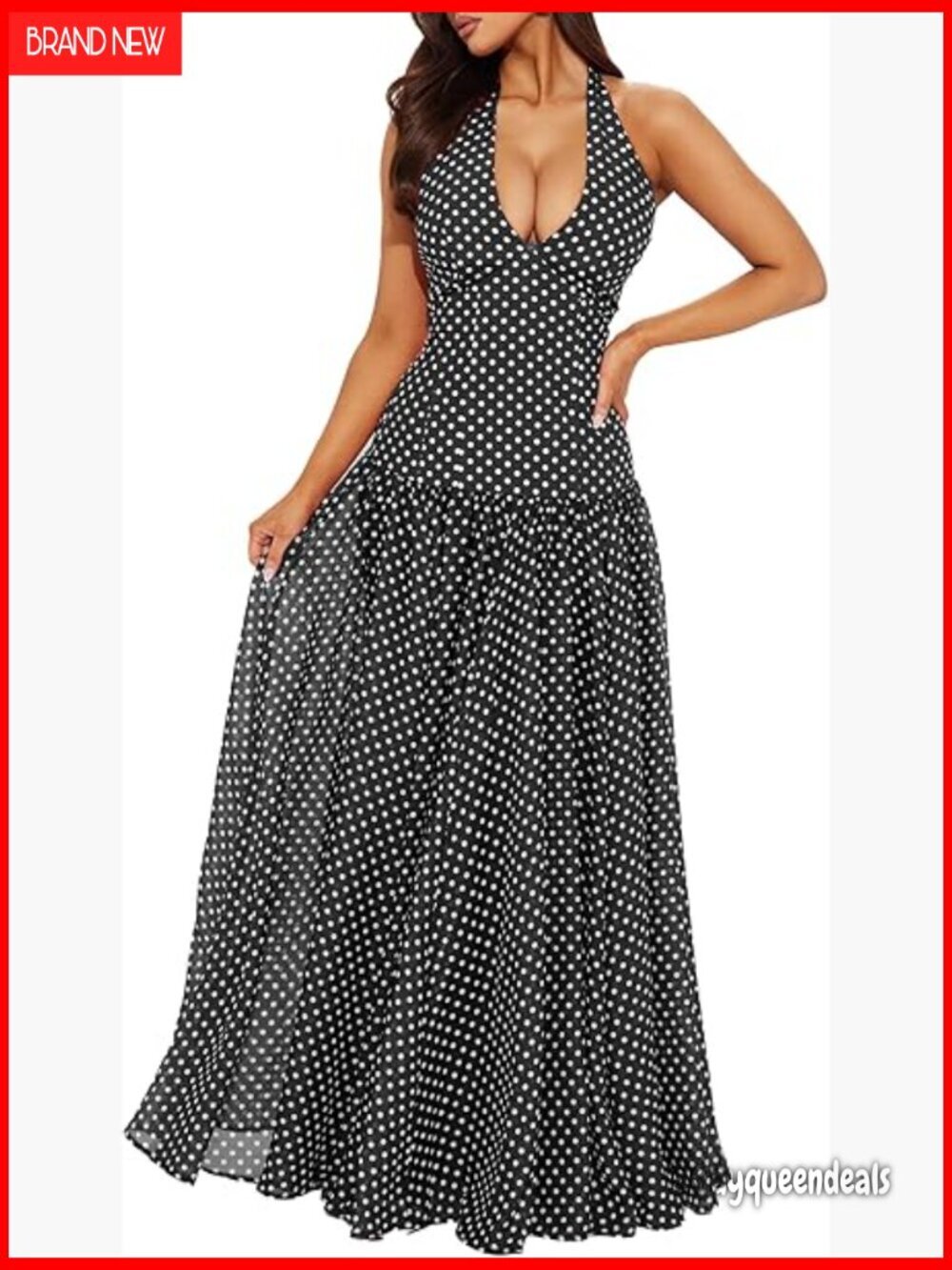 Polka Dot Maxi Dress Halter Neck Sleeveless Drop Waist Summer Sundress